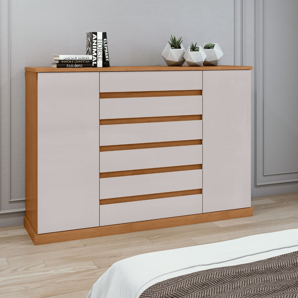 Encontraproduto.com.br - Cômoda Vedra 7 Gavetas 2 Portas Amêndoa Clean /off White