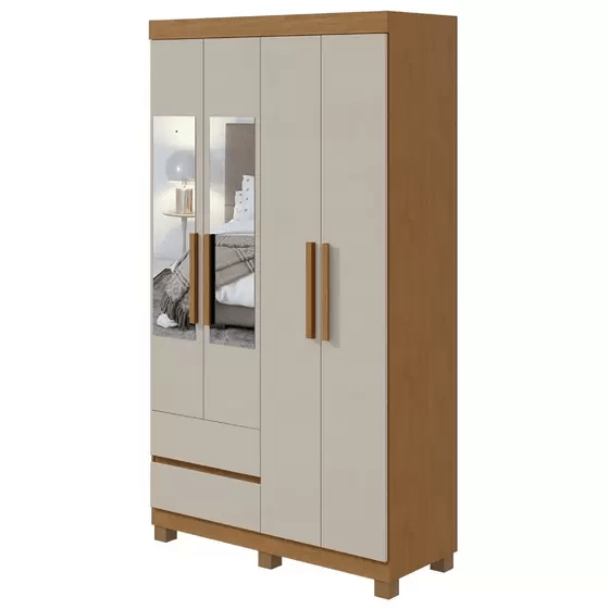 Roupeiro Zeus 2021 4 Portas c/Espelho Amendoa / Off-White Lopas - 70357