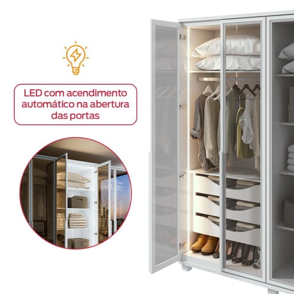 Encontraproduto.com.br - Guarda-roupa Casal Solaris 6 Portas Com Vidro Fumê e Pés Branco Lopas