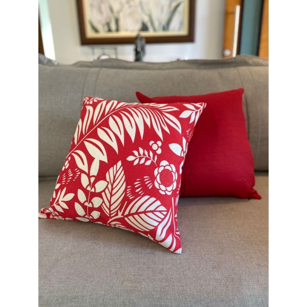Encontraproduto.com.br - Kit 4 Capas de Almofada 45cmx45cm Vermelho c/ Folhas Rústico
