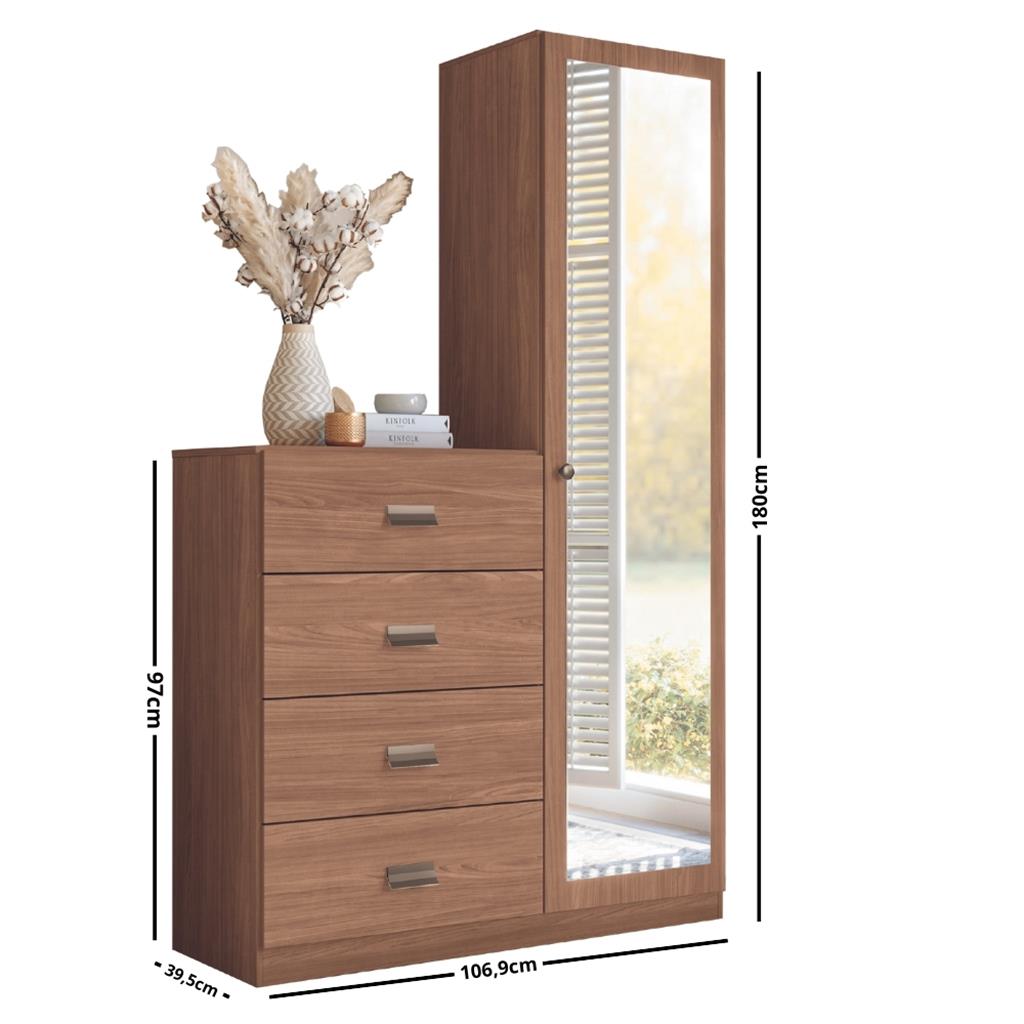 Encontraproduto.com.br - Cômoda 4 Gavetas 1 Porta com Espelho Estilo Santos Andira