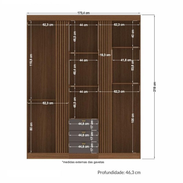Encontraproduto.com.br - Guarda Roupa Solteiro 3 Portas 3 Gavetas 3.3 Aurora Jatoba/grafitte - Santos Andirá