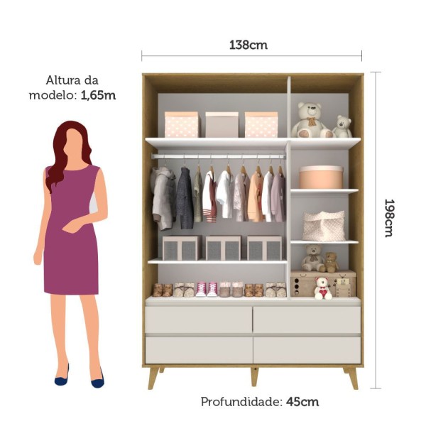 Encontraproduto.com.br - Quarto de Bebê Guarda Roupa 3 Portas com Gavetas Lorena Cômoda 4 Gavetas com Fraldário Gran Lorena Berço 3 em 1 Ludmila Off White Carolina Baby