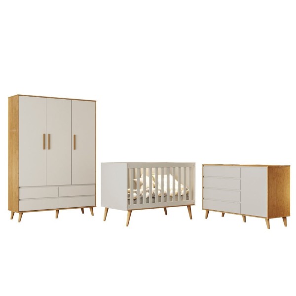Encontraproduto.com.br - Quarto de Bebê Guarda Roupa 3 Portas com Gavetas Lorena Cômoda 4 Gavetas com Fraldário Gran Lorena Berço 3 em 1 Ludmila Off White Carolina Baby