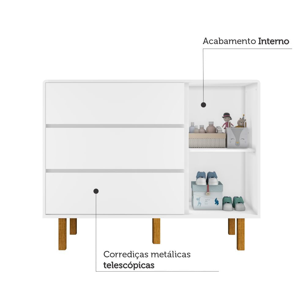 Encontraproduto.com.br - Quarto de Bebê Berço Mini Cama Olívia Cômoda 3 Gavetas com Fraldário Olívia Branco Fosco Carolina Baby