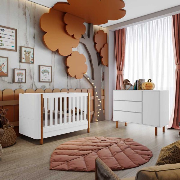 Quarto de Bebê Berço Mini Cama Olívia Cômoda 3 Gavetas com Fraldário Olívia Branco Fosco Carolina Baby