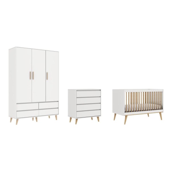 Encontraproduto.com.br - Quarto de Bebê Berço 3 em 1 Cômoda Gaveteiro Guarda Roupa Retrô 3 Portas com Gavetas Branco Carolina Baby