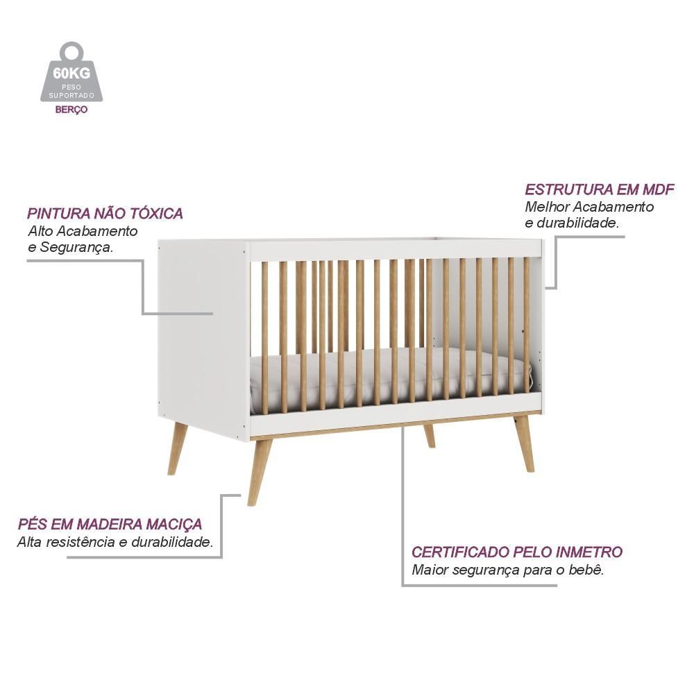 Encontraproduto.com.br - Quarto de Bebê Berço 3 em 1 Cômoda Gaveteiro Guarda Roupa Retrô 3 Portas com Gavetas Branco Carolina Baby