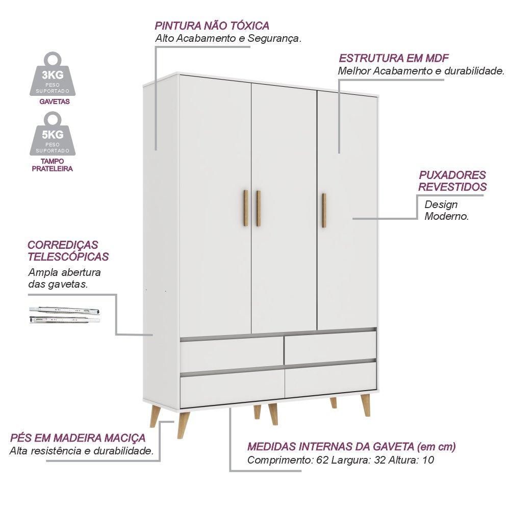 Encontraproduto.com.br - Quarto de Bebê Berço 3 em 1 Cômoda Gaveteiro Guarda Roupa Retrô 3 Portas com Gavetas Branco Carolina Baby