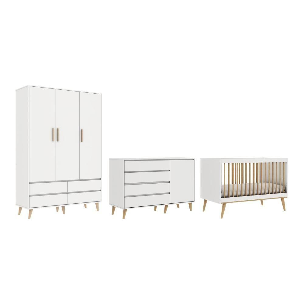 Quarto de Bebê Berço 3 em 1 Cômoda Infantil 4 Gavetas com Porta Guarda Roupa Branco Carolina Baby
