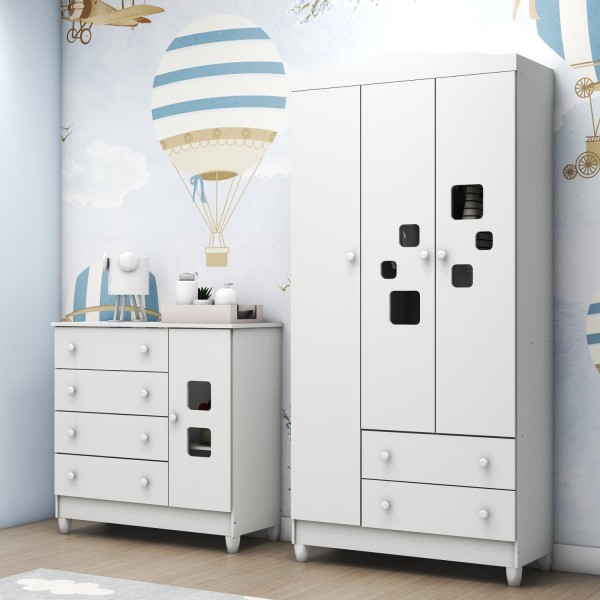Encontraproduto.com.br - Guarda Roupa 03 Portas e Cômoda Mel Branco Fosco