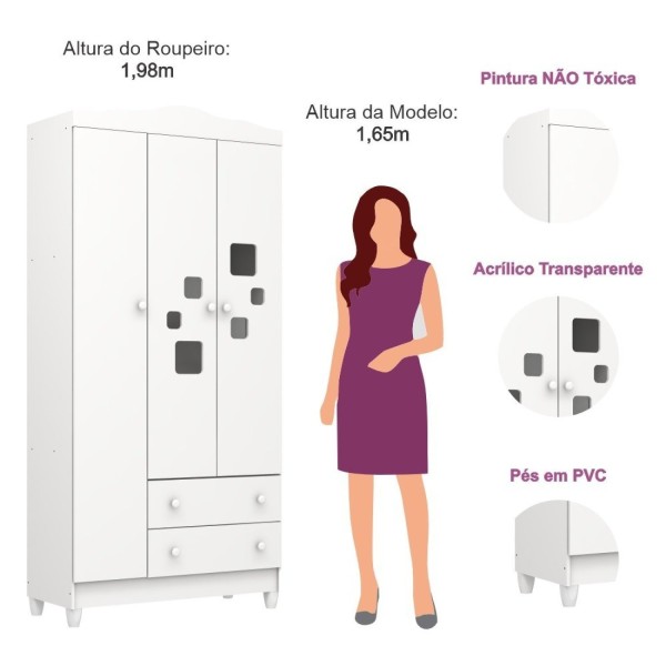 Encontraproduto.com.br - Guarda Roupa 03 Portas e Cômoda Mel Branco Fosco