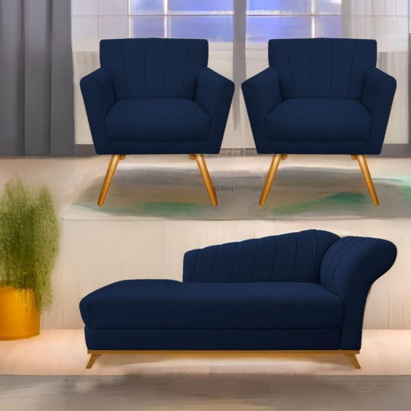 Kit Diva Recamier Vanessa 140Cm Lado Esquerdo E 02 Poltronas Laura Suede Cor Azulmarinho
