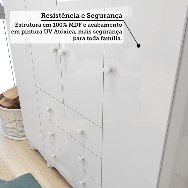Encontraproduto.com.br - Quarto de Bebê com Guarda Roupa 4 Portas Cômoda 1 Porta 4 Gavetas e Berço Nina 100% Mdf Espresso Móv Branco Brilho