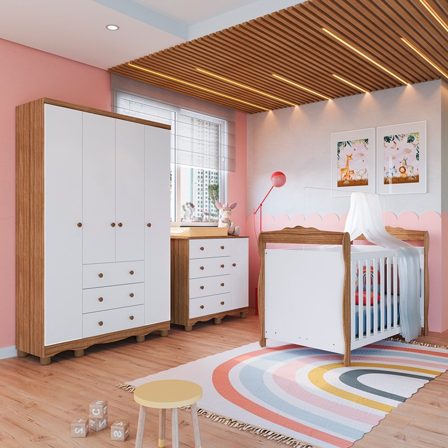 Quarto de Bebê com Guarda Roupa 4 Portas Cômoda 1 Porta 4 Gavetas e Berço Nina 100% Mdf Espresso Móv Branco Brilho/Carvalho