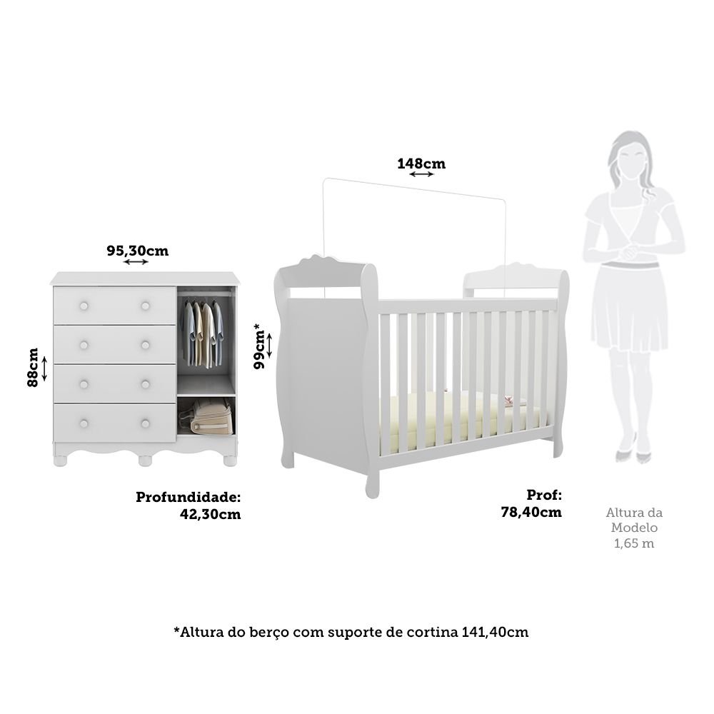 Encontraproduto.com.br - Quarto de Bebê com Cômoda 1 Porta 4 Gavetas e Berço Mini Cama Nina 100% Mdf Espresso Móveis Branco Brilho