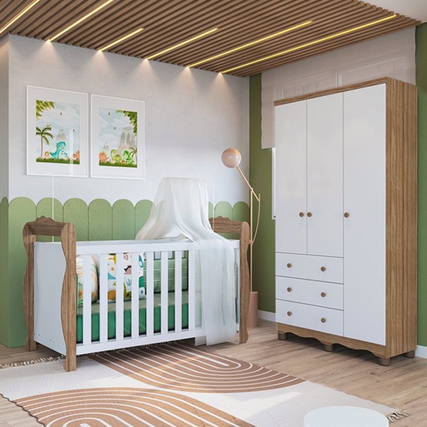 Quarto de Bebê com Guarda Roupa 3 Portas 3 Gavetas e Berço Mini Cama Nina 100% Mdf Espresso Móveis Branco Brilho/Carvalho