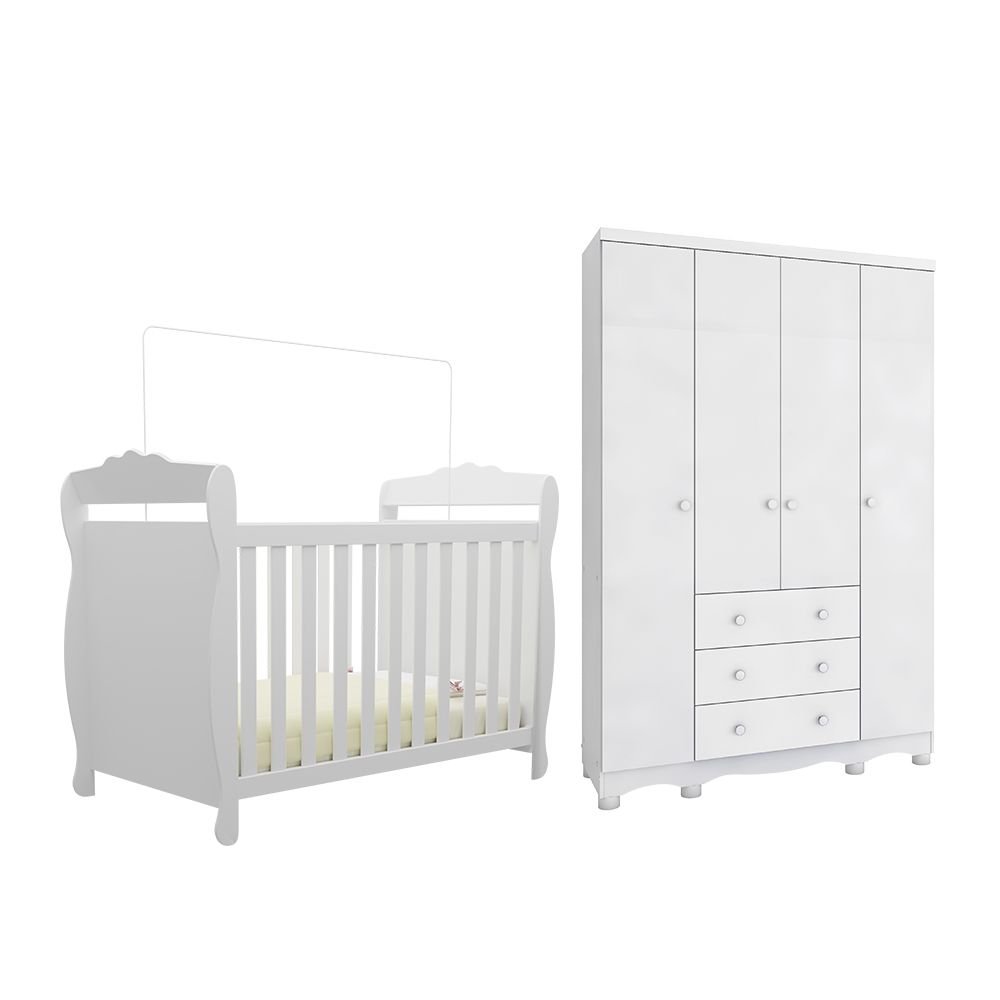 Encontraproduto.com.br - Quarto de Bebê com Guarda Roupa 4 Portas 3 Gavetas e Berço Mini Cama Nina 100% MDF Branco Brilho