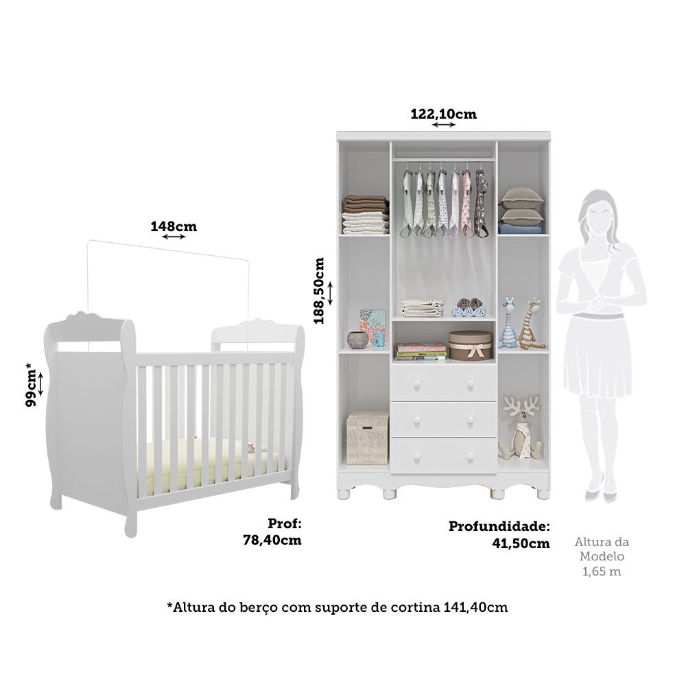 Encontraproduto.com.br - Quarto de Bebê com Guarda Roupa 4 Portas 3 Gavetas e Berço Mini Cama Nina 100% MDF Branco Brilho