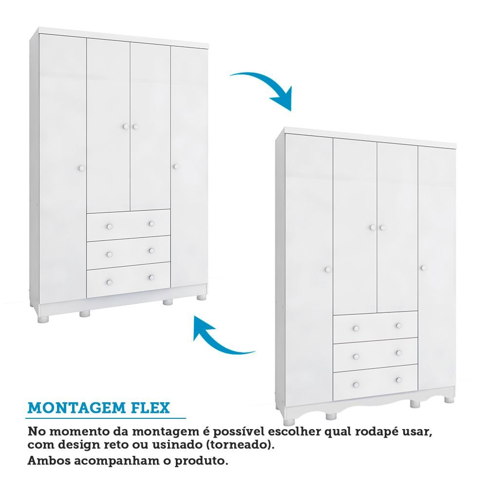 Encontraproduto.com.br - Quarto de Bebê com Guarda Roupa 4 Portas 3 Gavetas e Berço Mini Cama Nina 100% MDF Branco Brilho