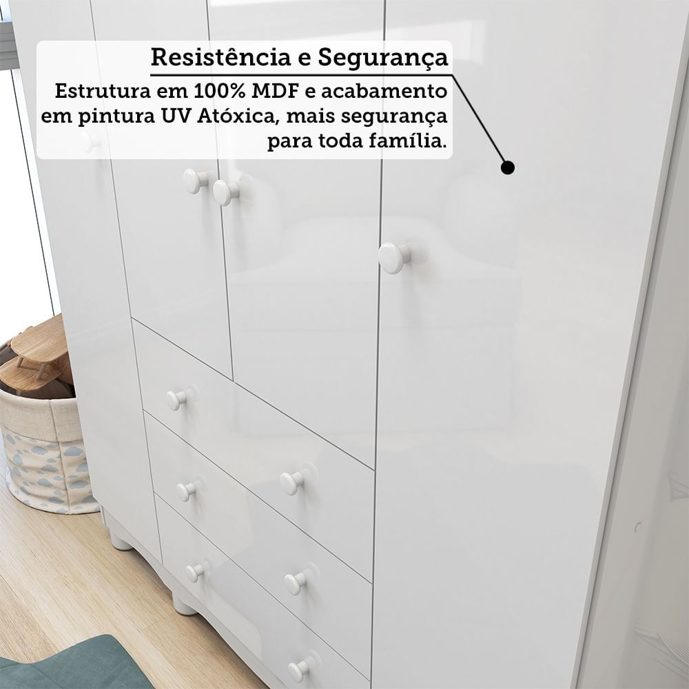 Encontraproduto.com.br - Quarto de Bebê com Guarda Roupa 4 Portas 3 Gavetas e Berço Mini Cama Nina 100% MDF Branco Brilho