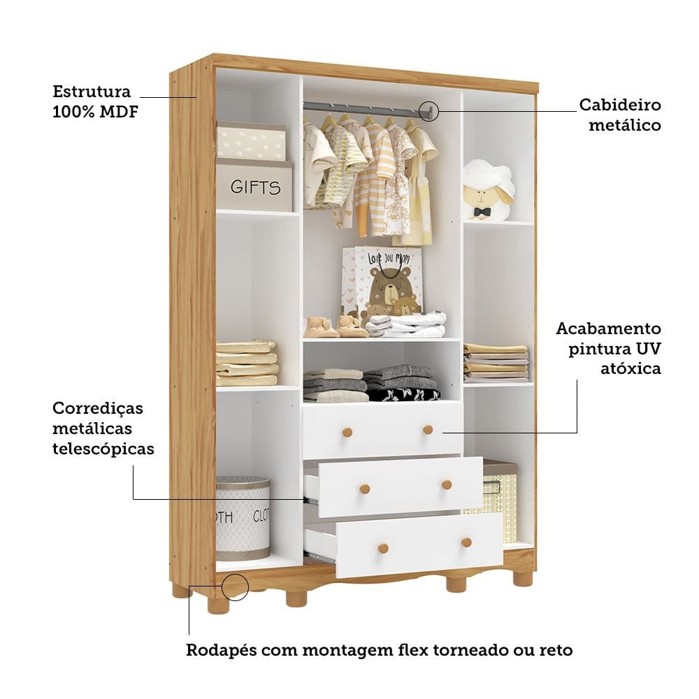 Encontraproduto.com.br - Guarda-roupa de Bebê 4 Portas e 3 Gavetas 100% Mdf Mimo Branco Brilho/Amêndoa