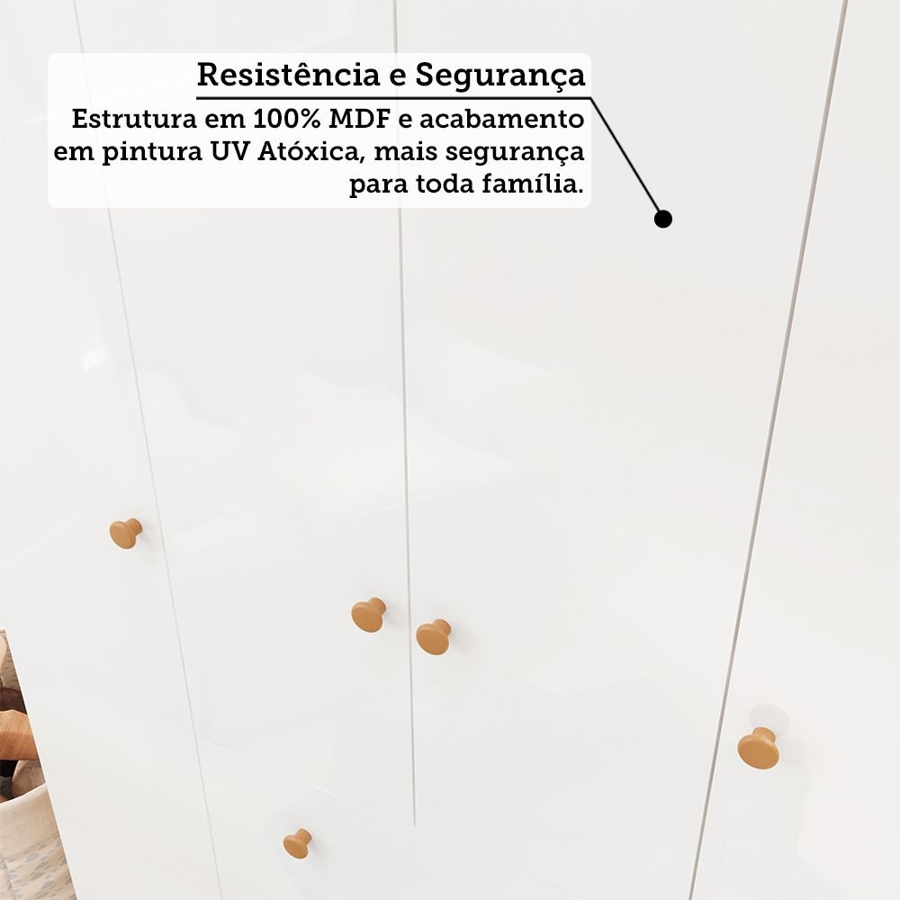 Encontraproduto.com.br - Guarda-roupa de Bebê 4 Portas e 3 Gavetas 100% Mdf Mimo Branco Brilho/Amêndoa