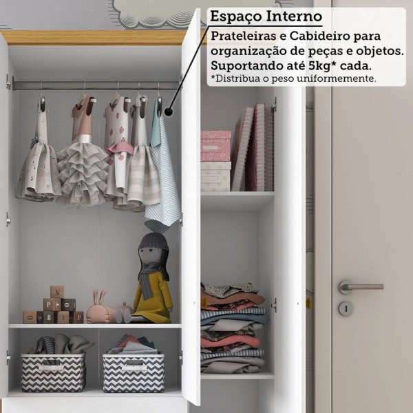 Encontraproduto.com.br - Guarda-roupa de Bebê 4 Portas e 3 Gavetas 100% Mdf Mimo Branco Brilho/Amêndoa