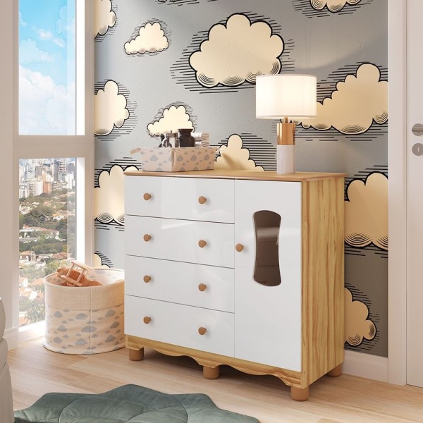 Encontraproduto.com.br - Cômoda De Bebê 1 Porta Com Janela E 4 Gavetas 100% Mdf Lana Espresso Móveis Branco Brilho-amêndoa