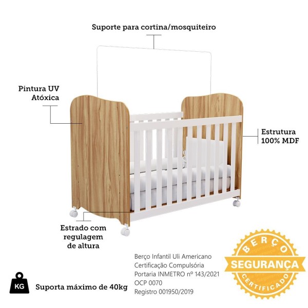 Encontraproduto.com.br - Berço Peroba Uli Americano com 3 opções de altura - Branco/Amêndoa