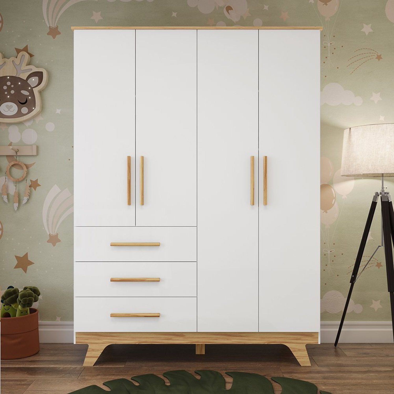 Encontraproduto.com.br - Guarda Roupa Infantil 4 Portas 3 Gavetas 100% Mdf Kakau Retrô Branco Brilho-amêndoa