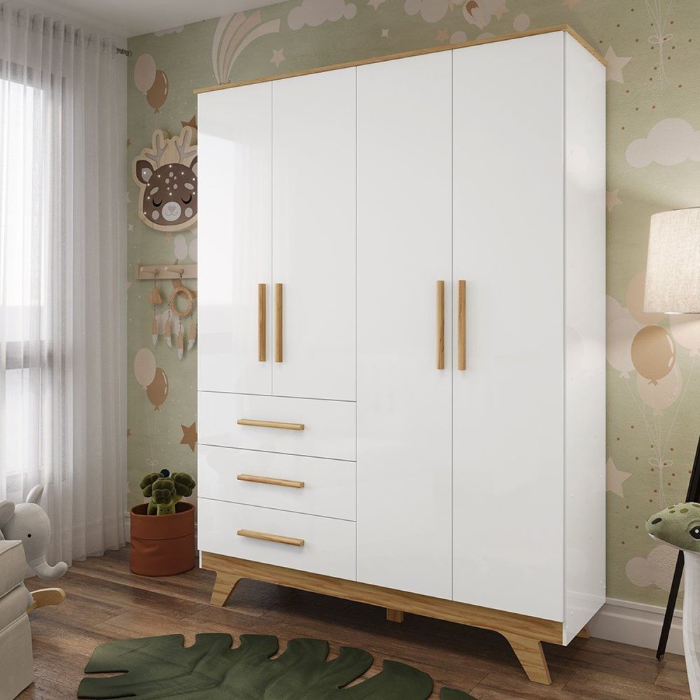 Guarda Roupa Infantil 4 Portas 3 Gavetas 100% Mdf Kakau Retrô Branco Brilho-amêndoa