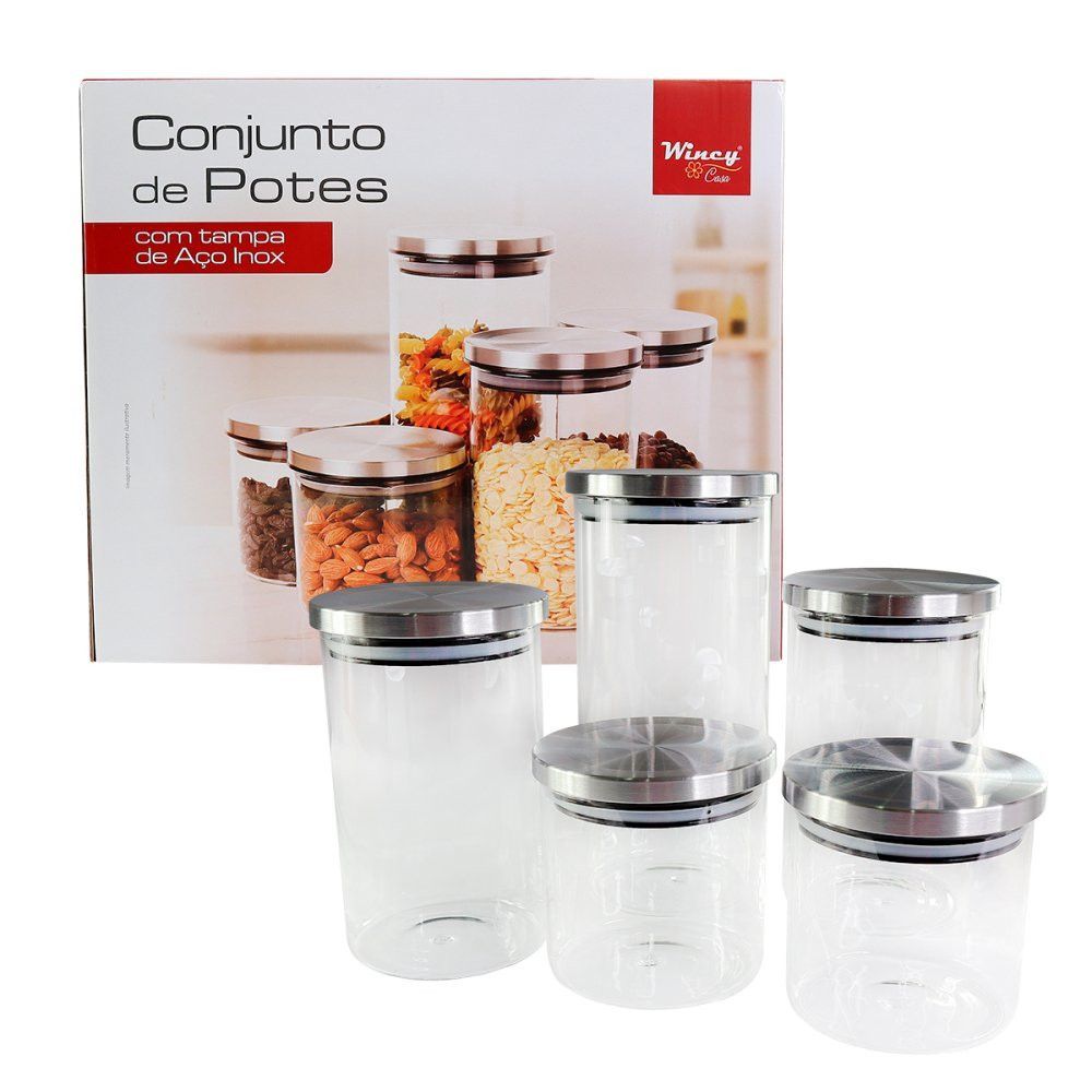 Conjunto De Potes De Mantimentos Com 5 Peças De Vidro E Tampa De Inox