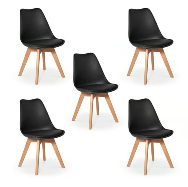 Kit c/5 Cadeira Leda Preta - Charles Eames Wood com Almofada