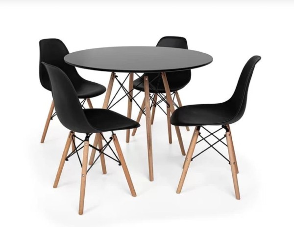 Encontraproduto.com.br - Mesa Redonda 90cm Com 4 Cadeiras Eames Eiffel Pés De Madeira Preta