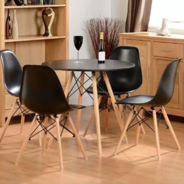 Encontraproduto.com.br - Mesa Redonda 90cm Com 4 Cadeiras Eames Eiffel Pés De Madeira Preta