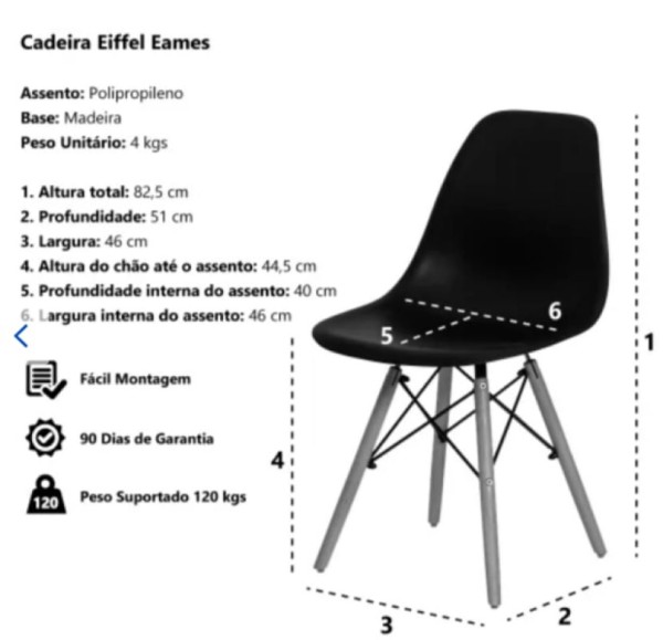 Conjunto De Mesa De Jantar Eames Eiffel Redonda 100cm Tampo De Madeira Preto Com 4 Cadeiras Brancas
