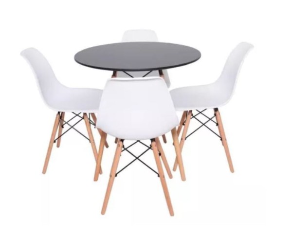 Encontraproduto.com.br - Conjunto De Mesa De Jantar Eames Eiffel Redonda 100cm Tampo De Madeira Preto Com 4 Cadeiras Brancas