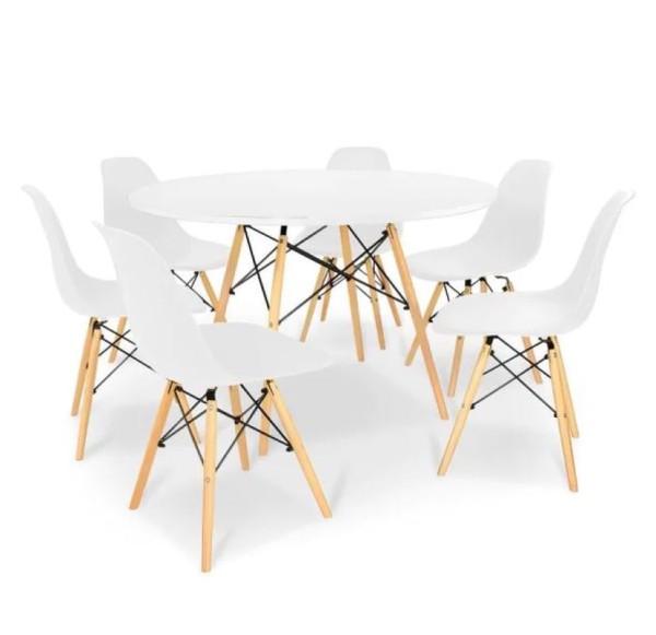 Encontraproduto.com.br - Conjunto De Mesa De Jantar Eames Eiffel Redonda 100cm Tampo De Madeira Branco Com 6 Cadeiras Brancas