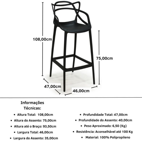 Encontraproduto.com.br - Kit 6 Banquetas Allegra Com Encosto Design Cozinha/bancada Cor Preto