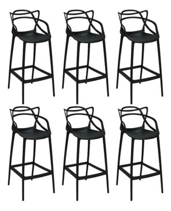 Encontraproduto.com.br - Kit 6 Banquetas Allegra Com Encosto Design Cozinha/bancada Cor Preto