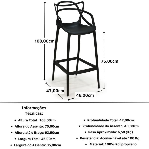 Encontraproduto.com.br - Kit 6 Banquetas Allegra Com Encosto Design Cozinha/bancada Cor Preto