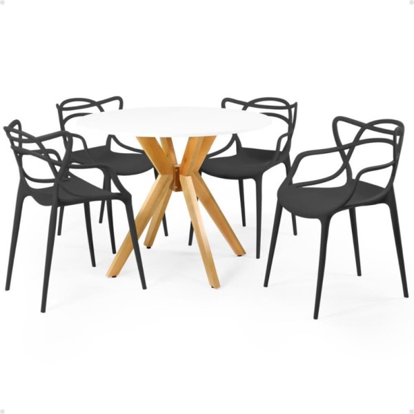 Encontraproduto.com.br - Conjunto Mesa De Jantar Redonda Marci Branca 100cm Com 4 Cadeiras Allegra - Preto