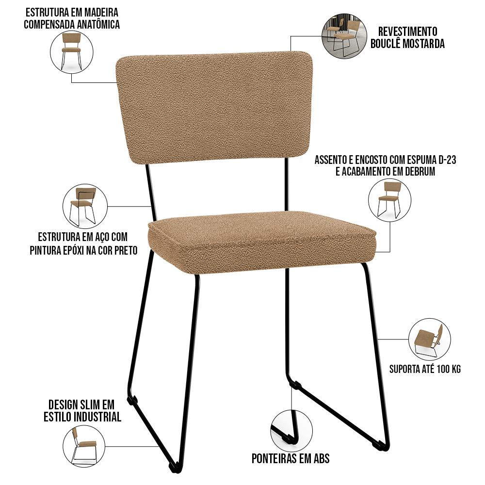 Encontraproduto.com.br - Kit 08 Cadeiras Decorativa Estofada Para Sala De Jantar Base Em Aço Allana L02 Bouclê Mostarda