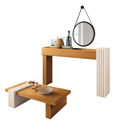 Kit Aparador Mesa De Centro Lord Com Espelho Adnet Preto B01 Cinamomo Off White - Lyam Decor