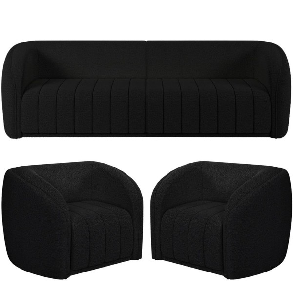 Kit Sofá 4 Lugares Para Sala 292cm com 02 Poltronas Lazio M03 Bouclê Preto - Lyam Decor