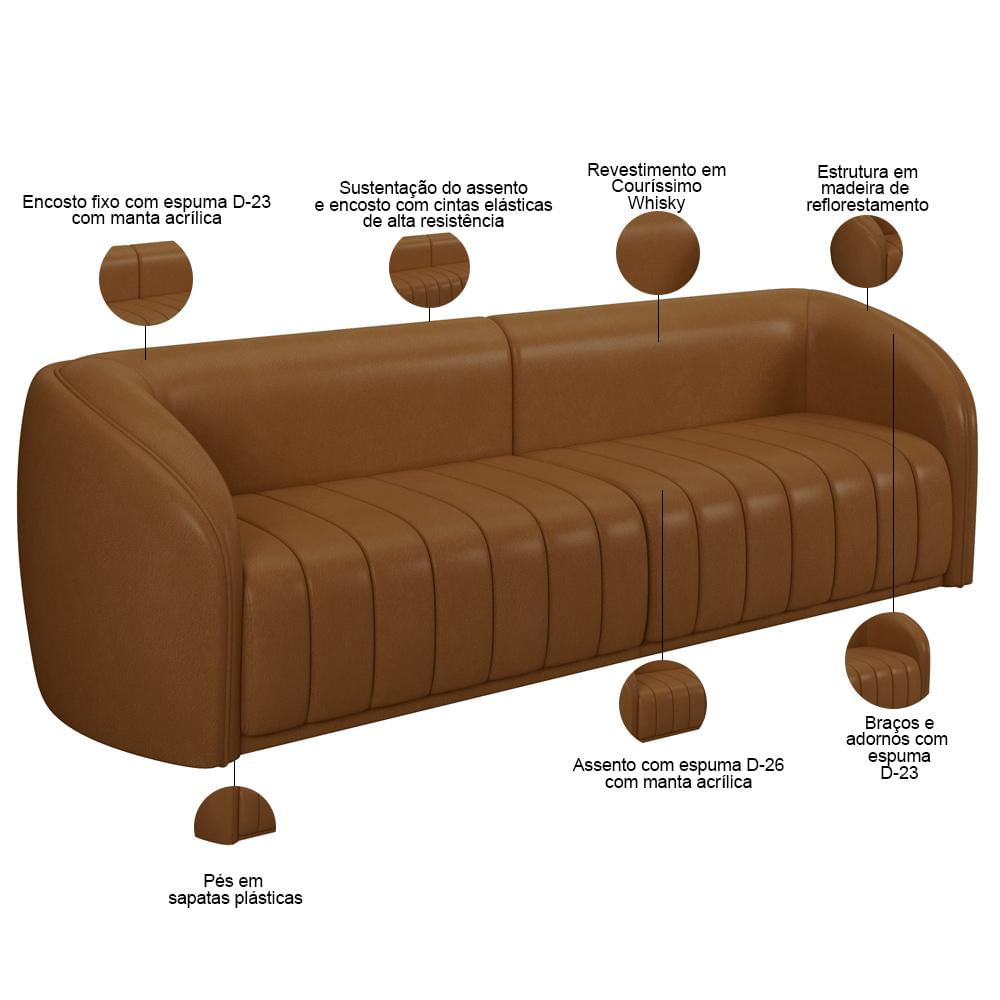 Encontraproduto.com.br - Kit Sofá 05 Lugares Para Sala 332 cm com 02 Poltronas Lazio M03 Couríssimo Whisky - Lyam Decor