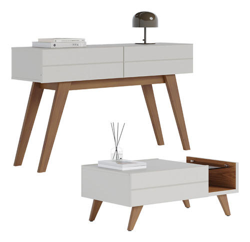 Kit Aparador Para Sala De Estar Com Mesa De Centro Meira C04 Off White Matte Freijó - Lyam