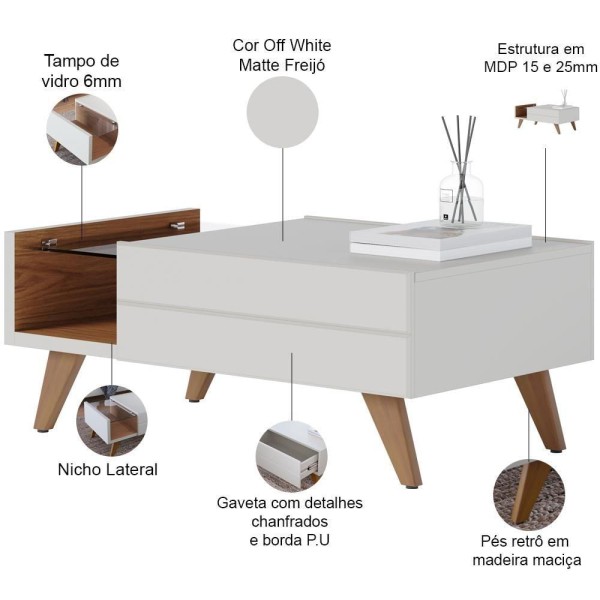 Encontraproduto.com.br - Kit Buffet íris Com Mesa De Centro Meira Espelho Adnet 54cm Preto C04 Off White Matte Freijó - Lyam