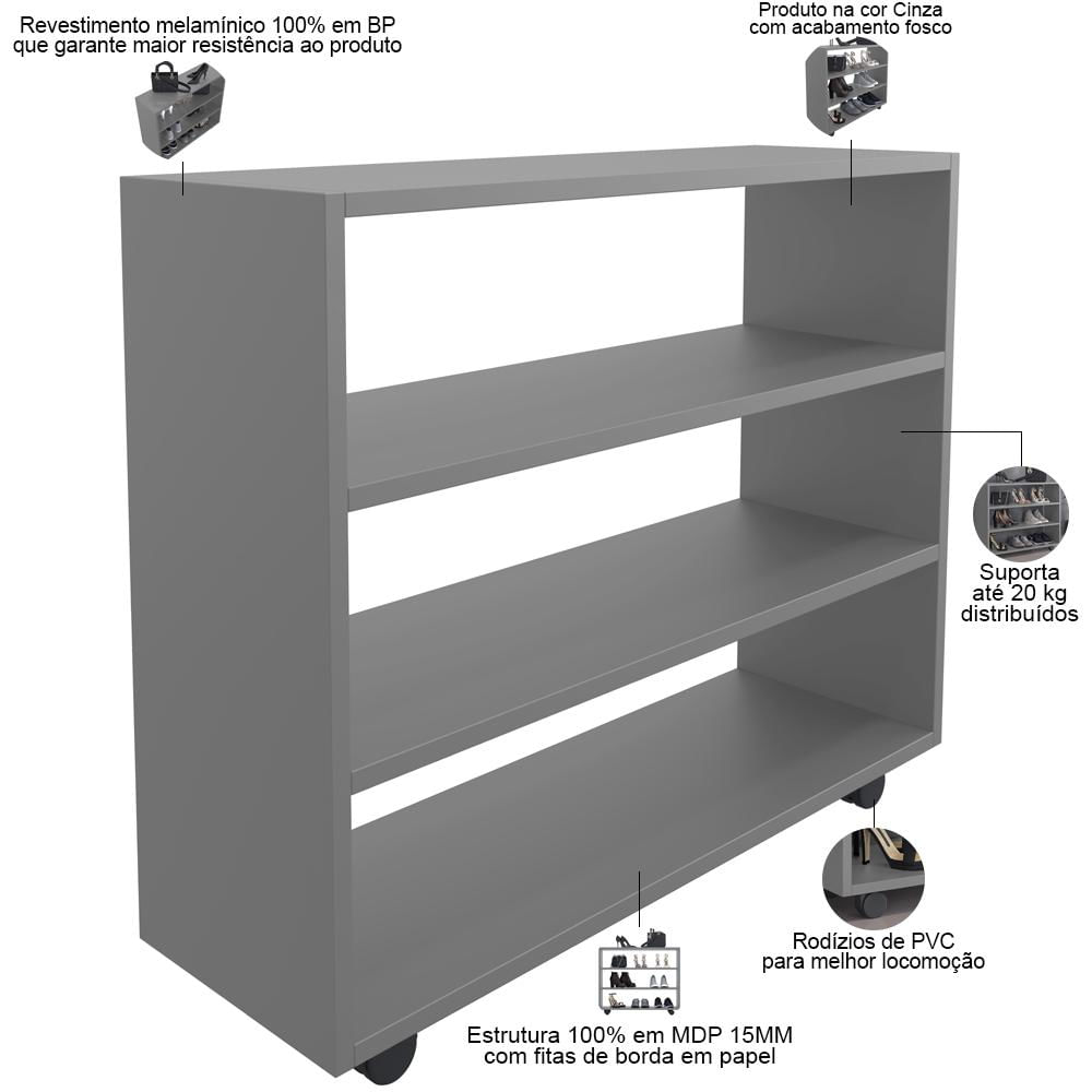 Encontraproduto.com.br - Kit 02 Sapateiras Multiuso Organizador Com 03 Prateleiras E Rodizio Pérola L03 Cinza